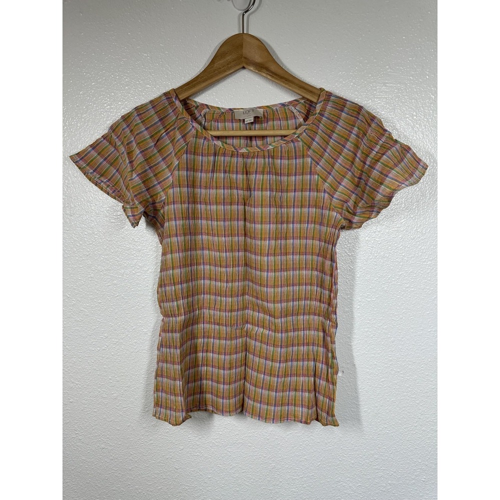 LOFT‎ Outlet Shirt Womens XSP Petite Multicolor Plaid Short Sleeve Blouse Summer